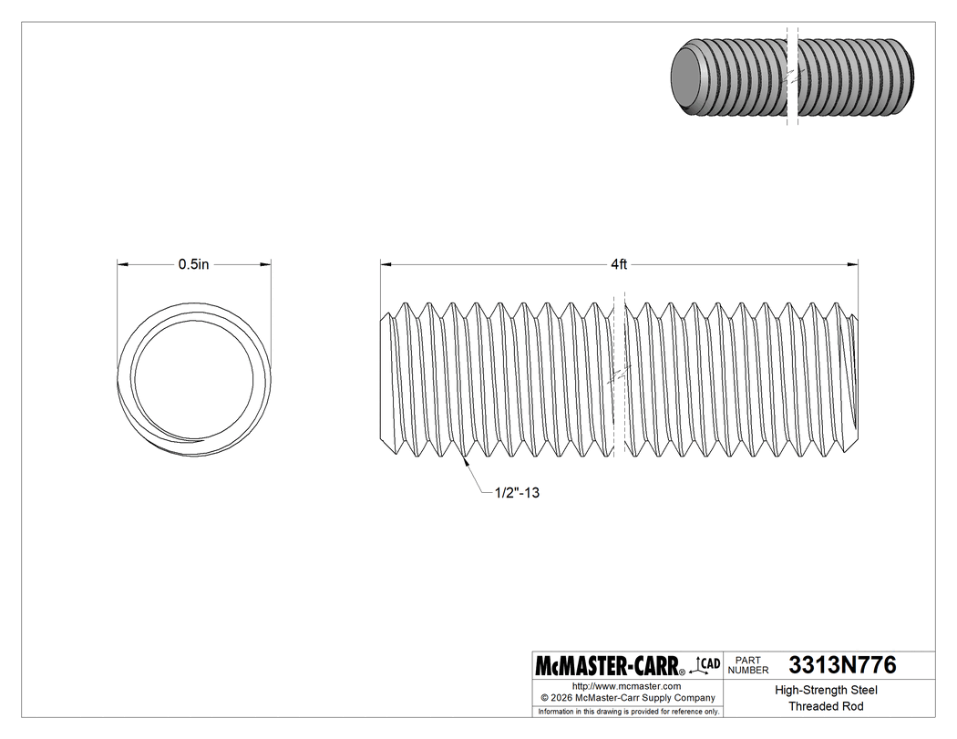 Technical Drawing of High-Strength Steel Threaded Rod, Zinc Yellow-Chromate Plated, 1/2"-13 Thread Size, 4 Feet Long.